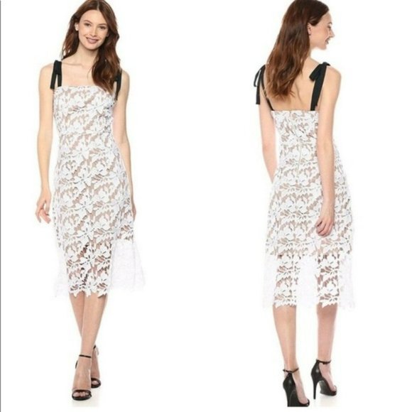 NWOT Donna Morgan White Lace Midi Dress With Bow Straps SIZE 14 - Picture 1 of 9